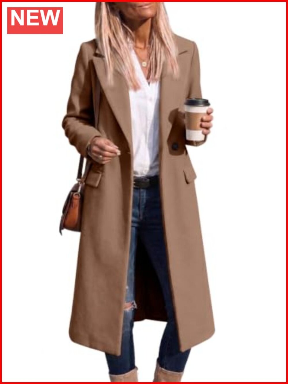 Women's Long Wool Blend Pea Coat Notch Collar Knee Length Winter Coat